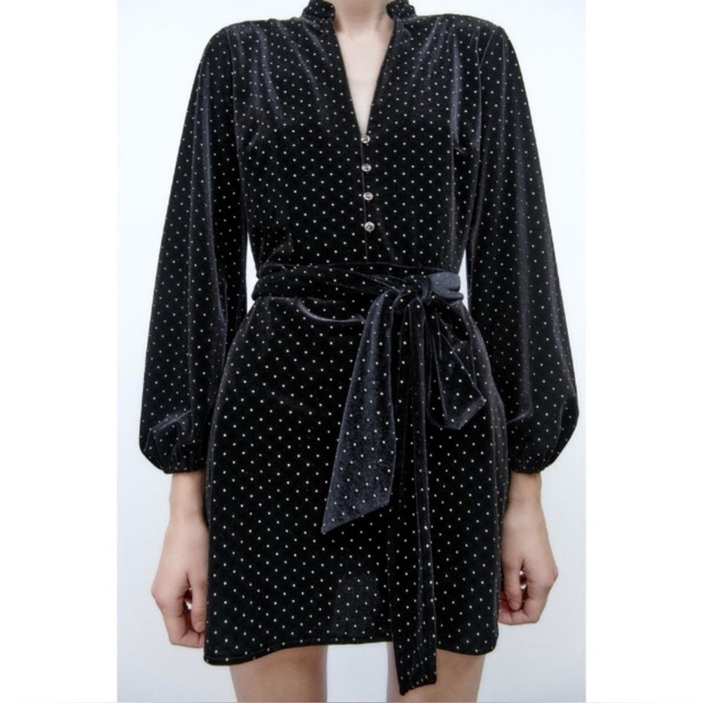 Zara black velvet dress with gold polka dots